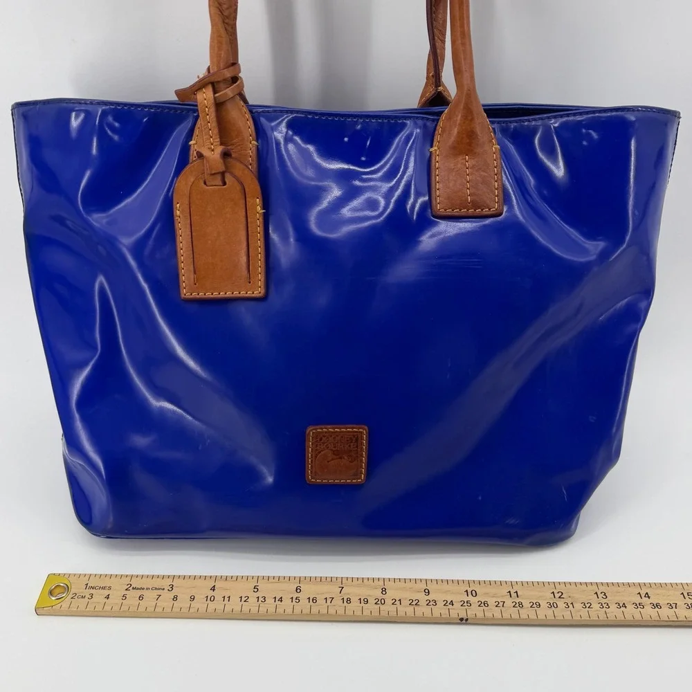 Dooney & Bourke Tote Bag Womens Medium Blue Patent Leather Tan Trim Shoulder Bag